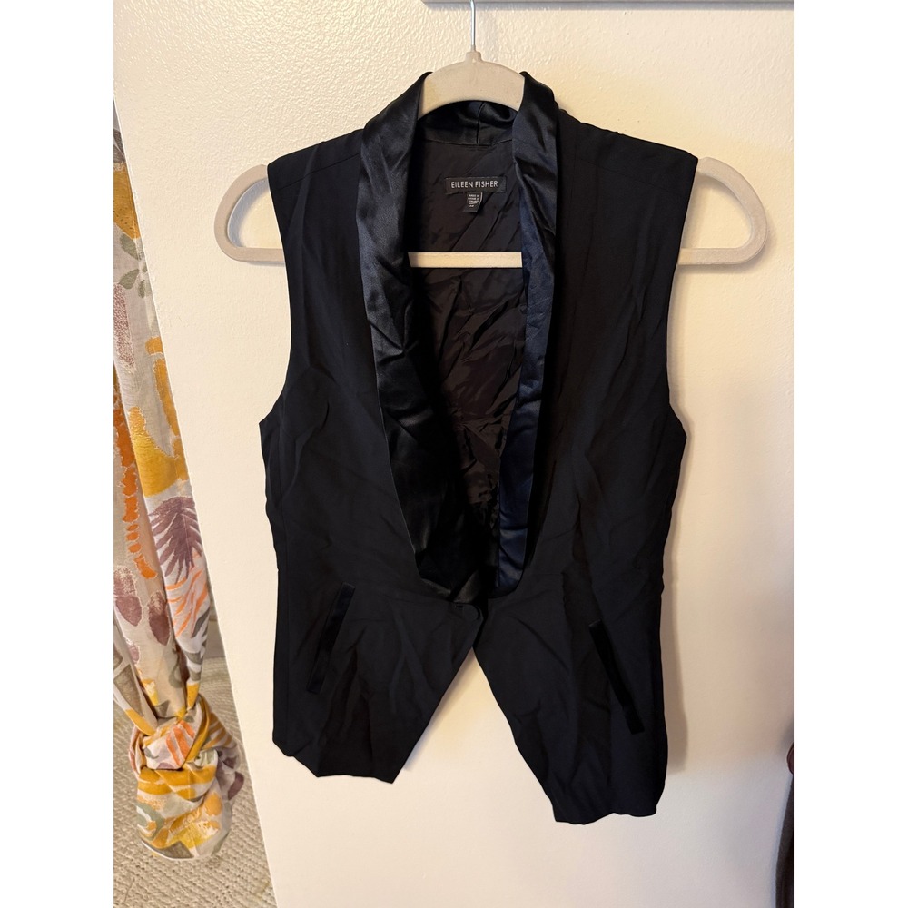Eileen Fisher tux vest silk collar black contrast classic tailored luxurious euc - Picture 4 of 10